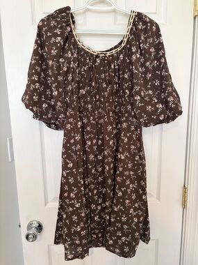 Brown Floral Mini Dress with Braided Neckline